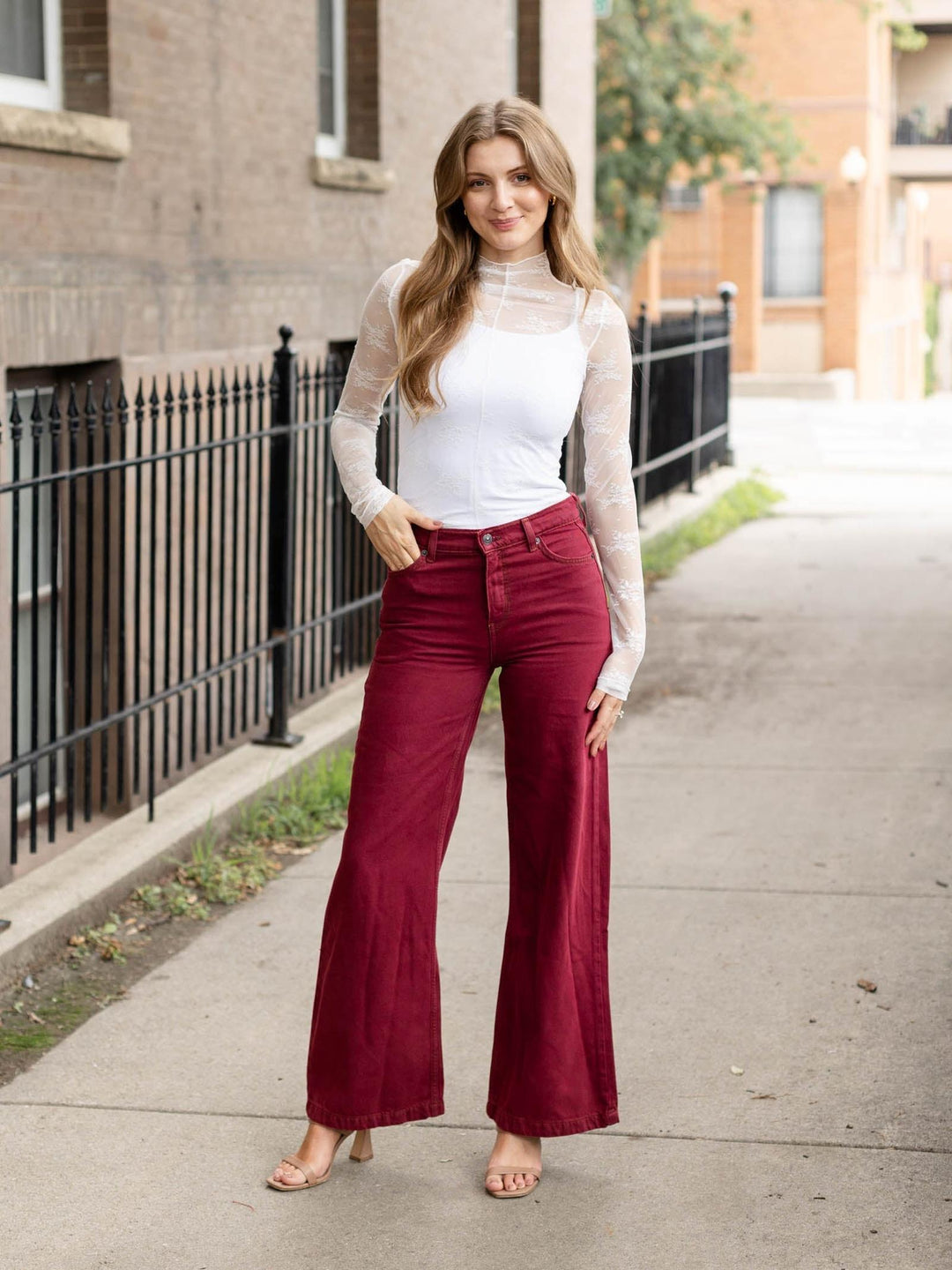 burgundy flared colored denim