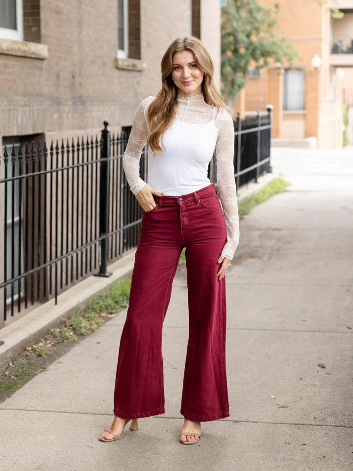 burgundy flared colored denim