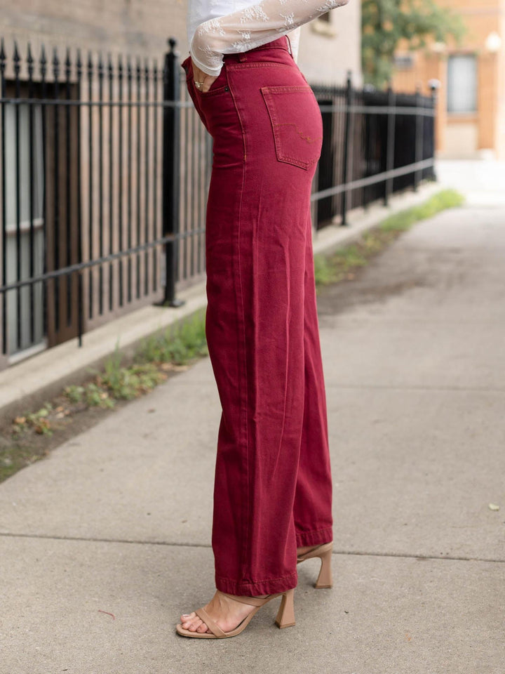 burgundy flared colored denim