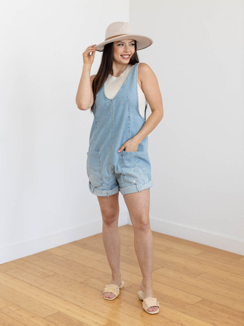 light denim splatter roll cuff denim overalls