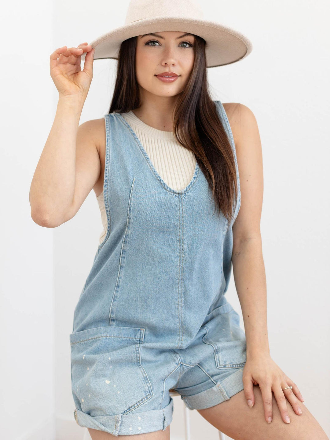 light denim splatter roll cuff denim overalls