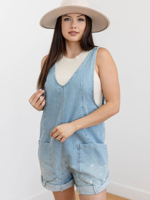 light denim splatter roll cuff denim overalls