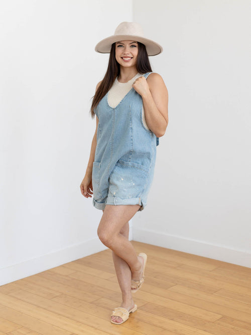 light denim splatter roll cuff denim overalls