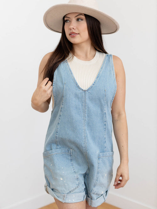 light denim splatter roll cuff denim overalls