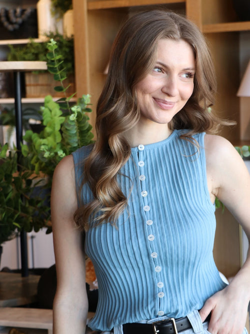 blue ribbed button front top