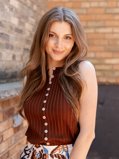 ribbed brown button front tank