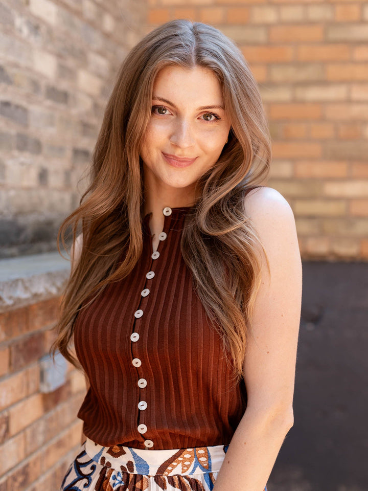 ribbed brown button front tank