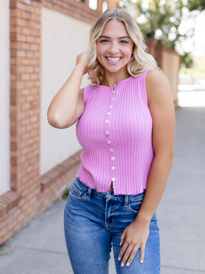 bold pink button front textured tank