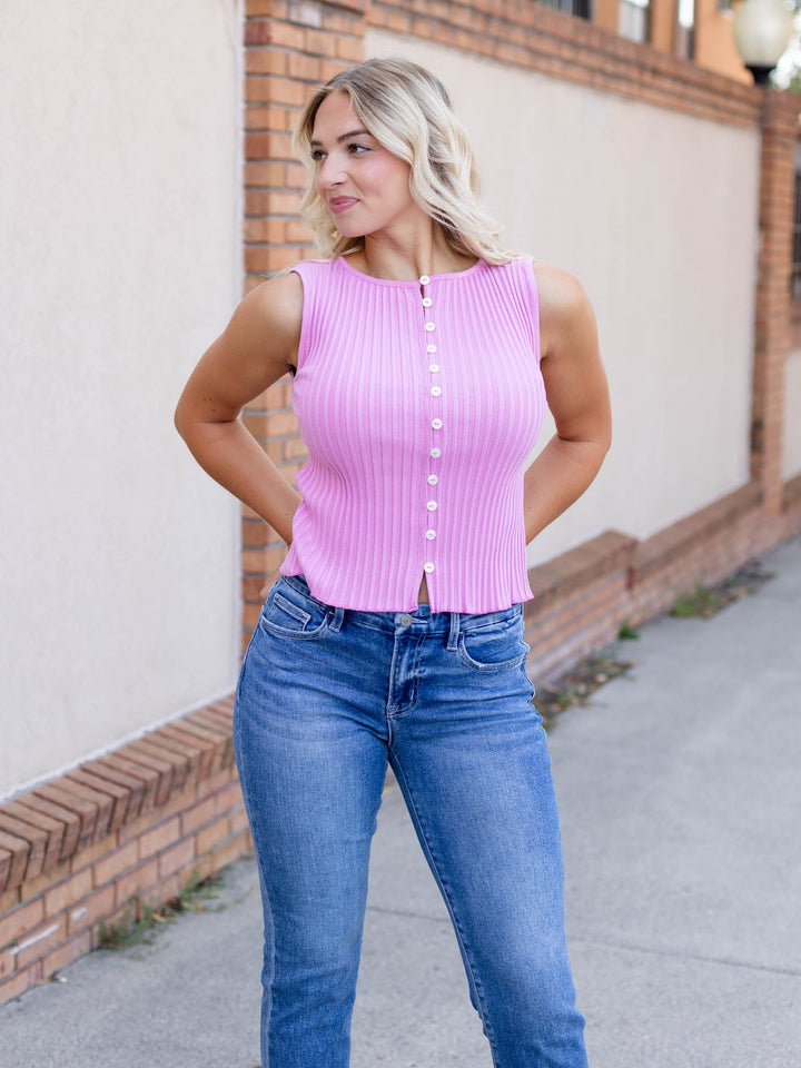 bold pink button front textured tank