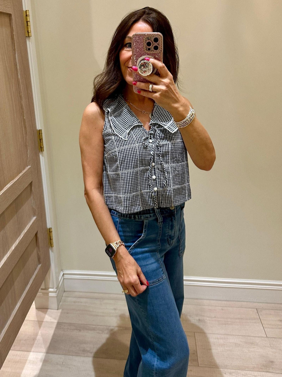 gingham printed short sleeve collared top