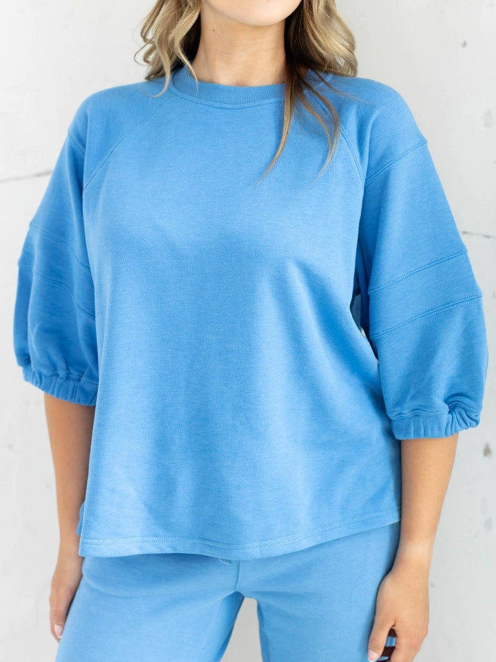 French Terry Short Bubbled Sleeve Crew Neck Top