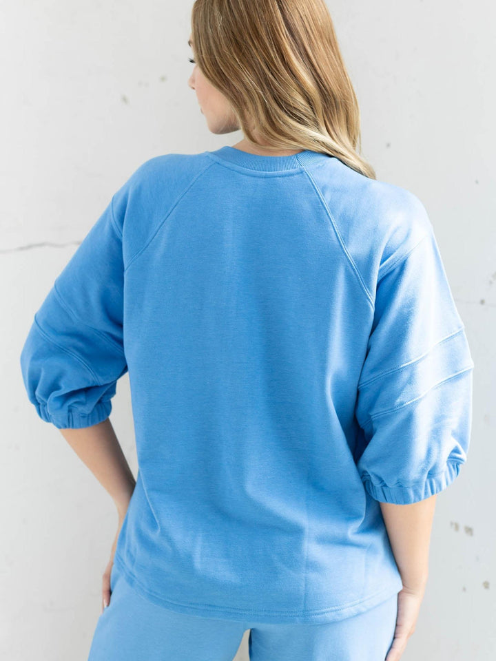 French Terry Short Bubbled Sleeve Crew Neck Top