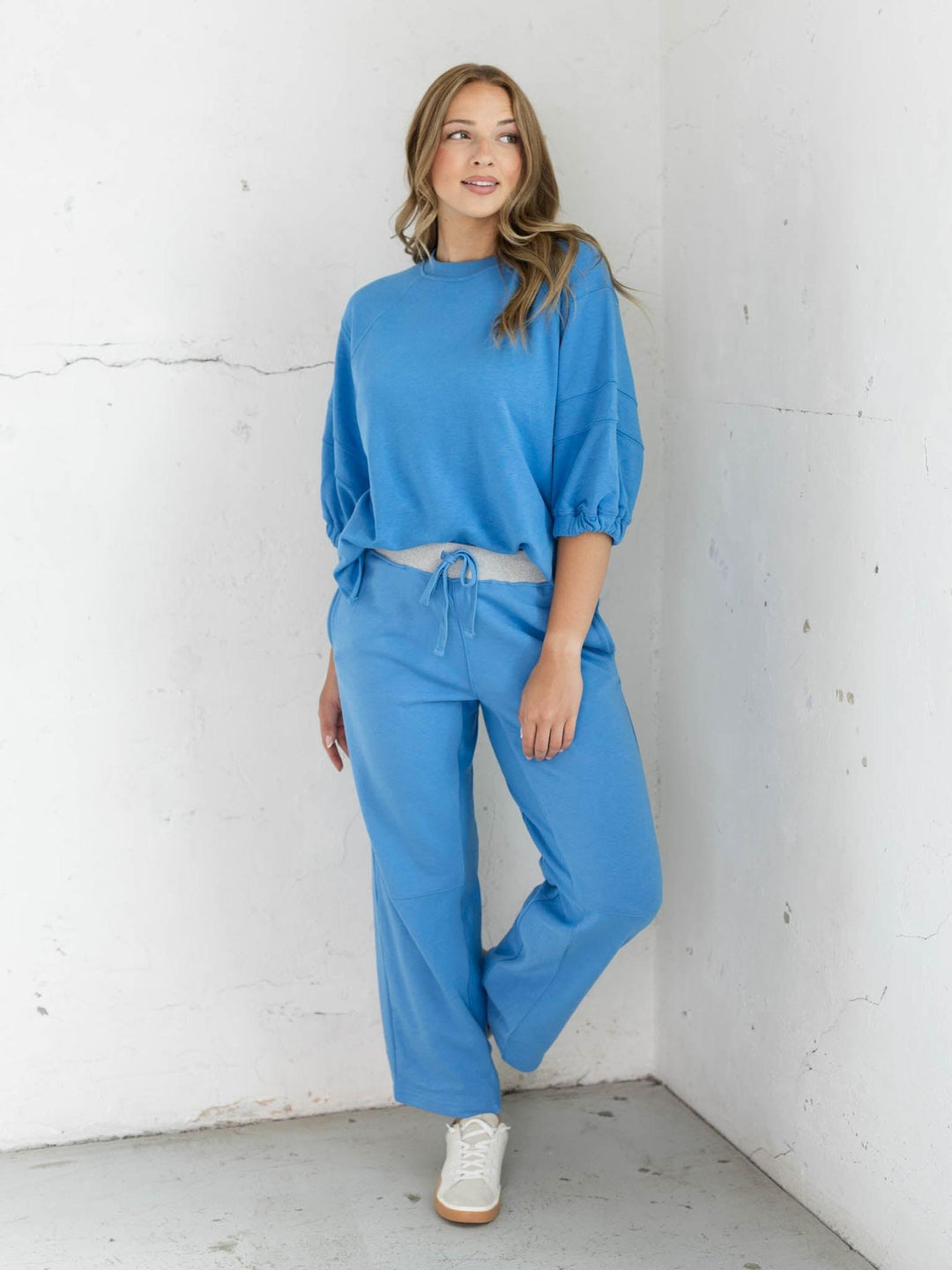 French Terry Short Bubbled Sleeve Crew Neck Top
