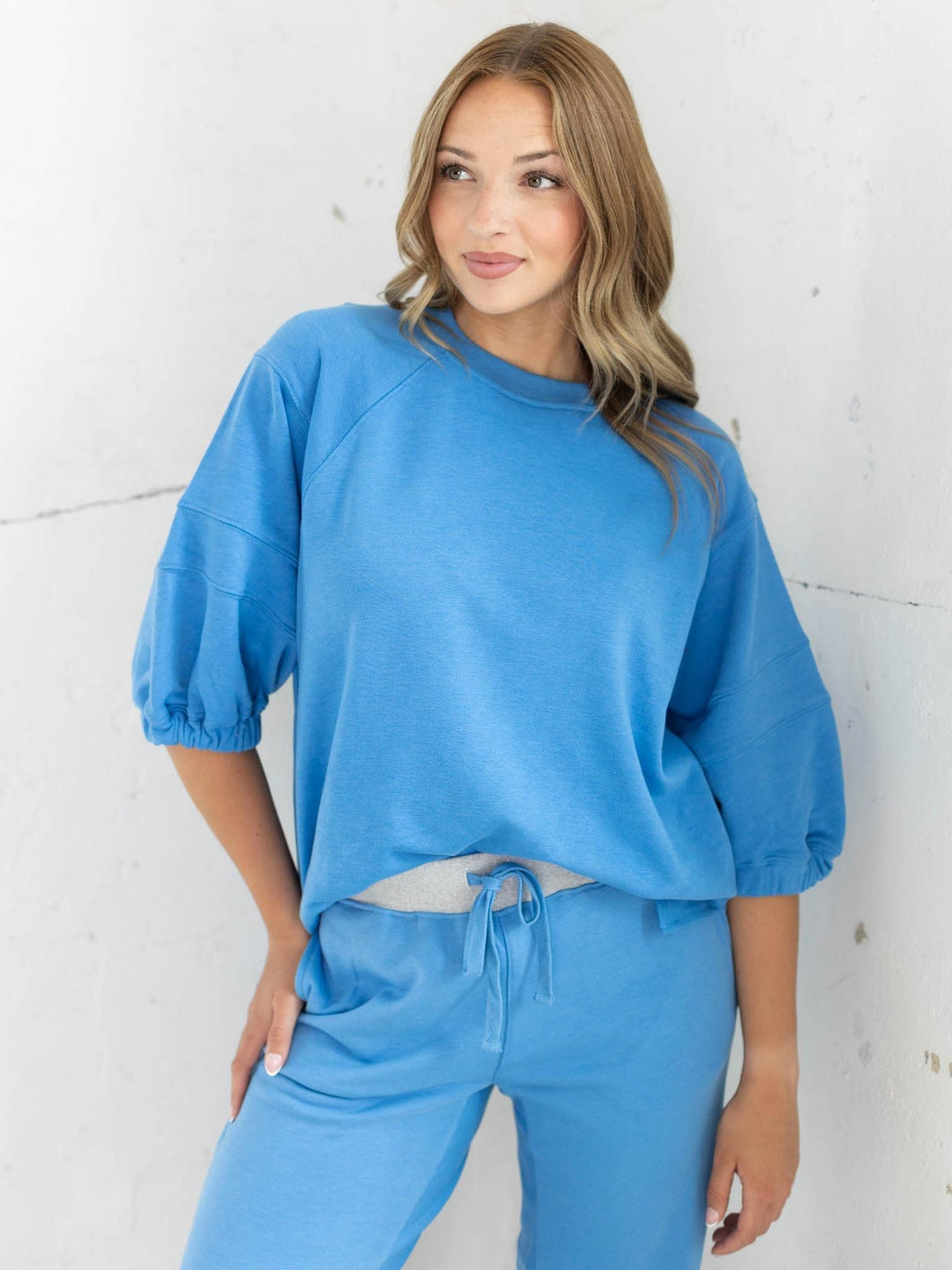 French Terry Short Bubbled Sleeve Crew Neck Top