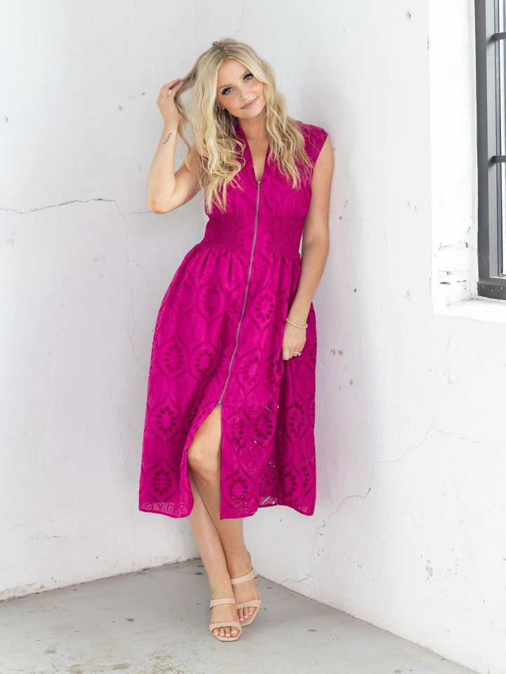 Front Zip Closure Embroidered Eyelet Lace Midi Dress