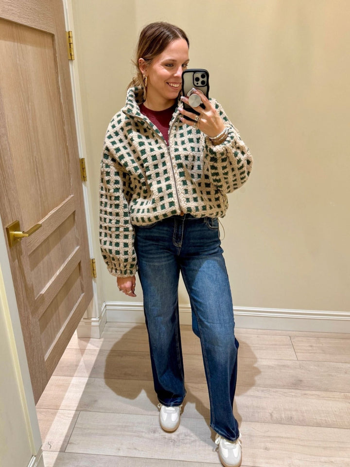 check printed sherpa jacket