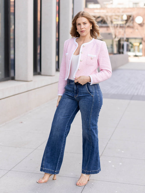 pink and white pearl button tweed jacket