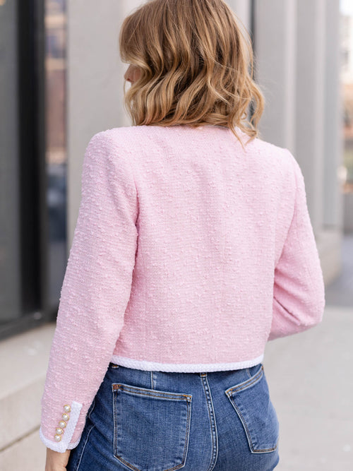 pink and white pearl button tweed jacket