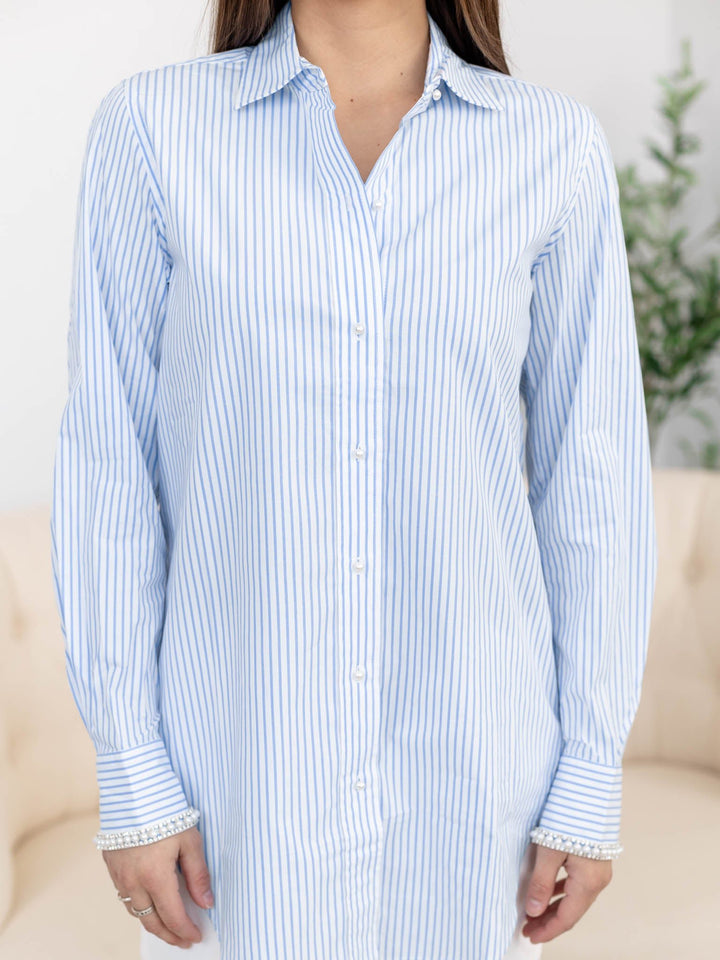 Generation Love Fiore Embellished Pinstripe ShirtWoven tops