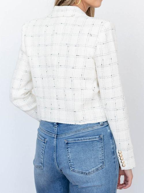 white and black cropped tweed jacket
