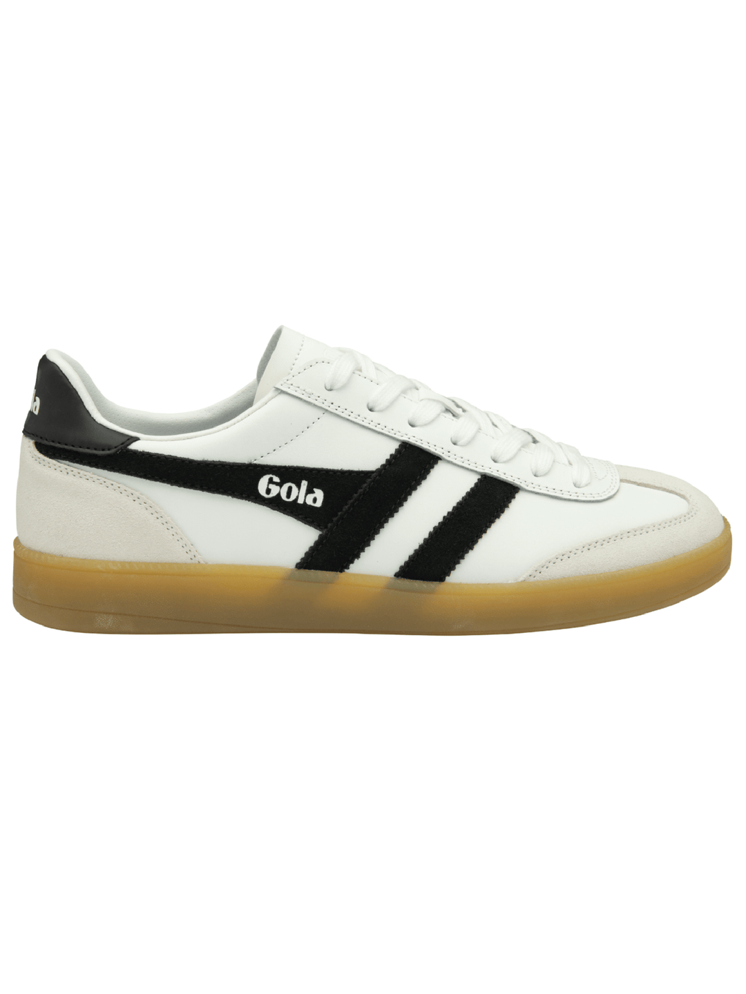 A white leather Gola sneaker with black three-stripes and a gum sole, shown in a side profile on a white background.