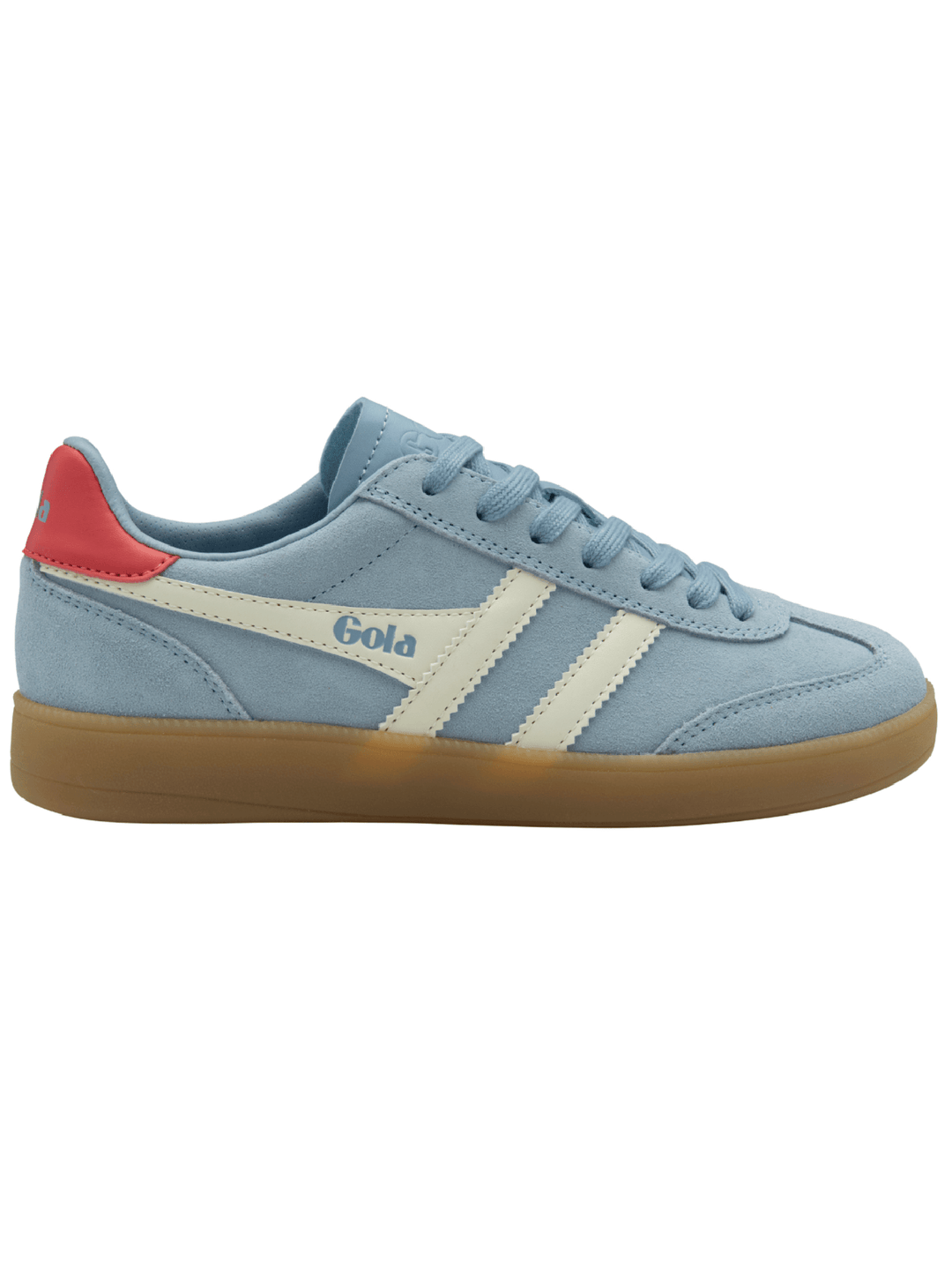 A light blue suede sneaker with cream side stripes, a red heel tab, and a brown gum sole, shown from the side on a white background.