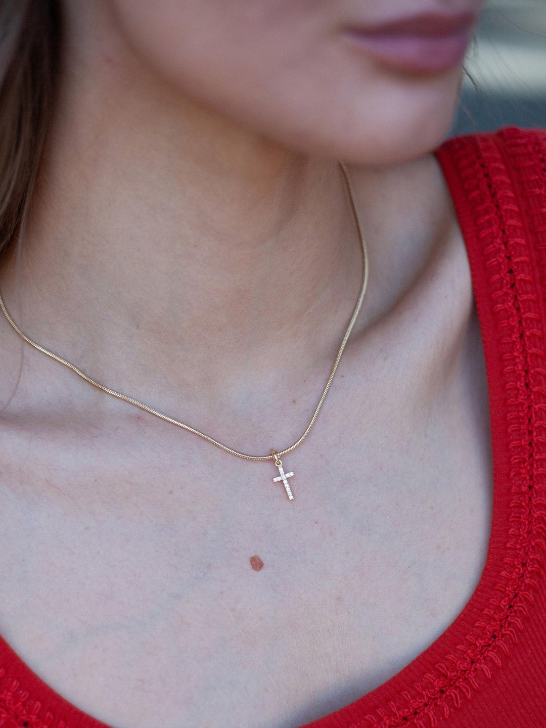 Gold Snake Chain Rhinestone Cross Necklace