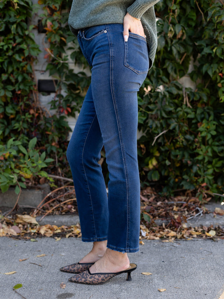 dark wash slim straight denim