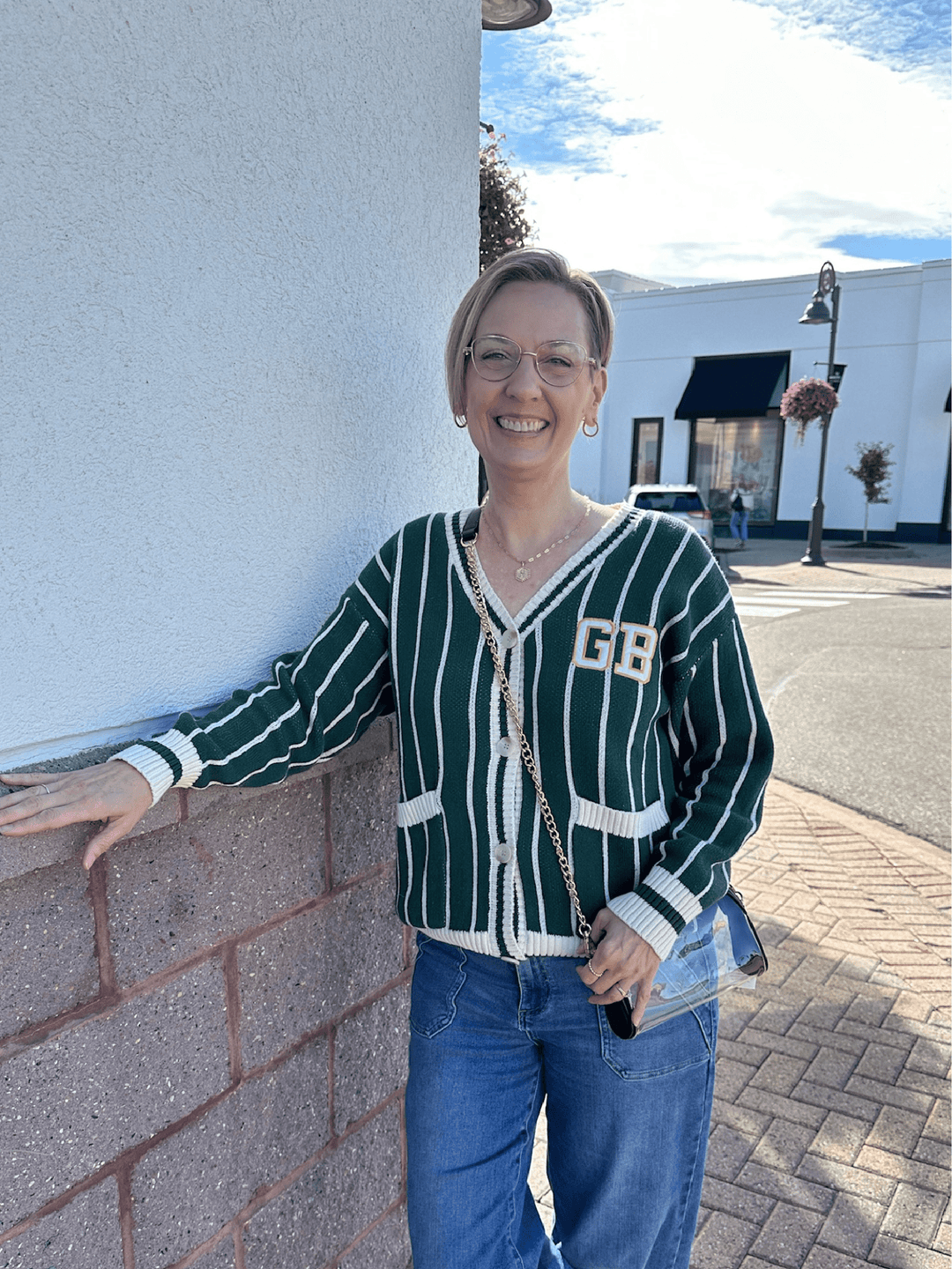 Green Bay Applique Stripe Cardigan