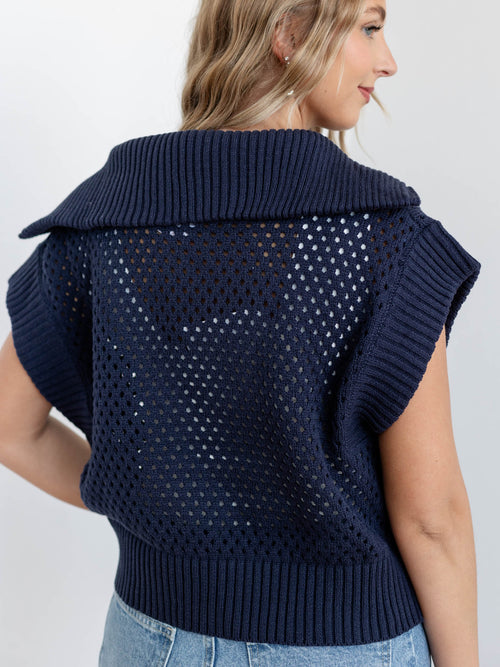 blue open knit zip sweater