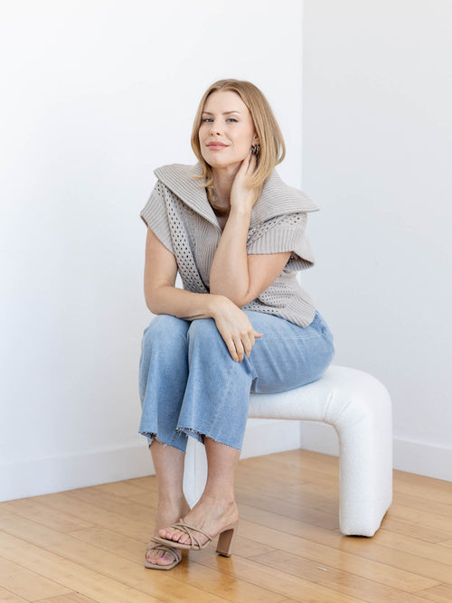 tan open knit zip sweater