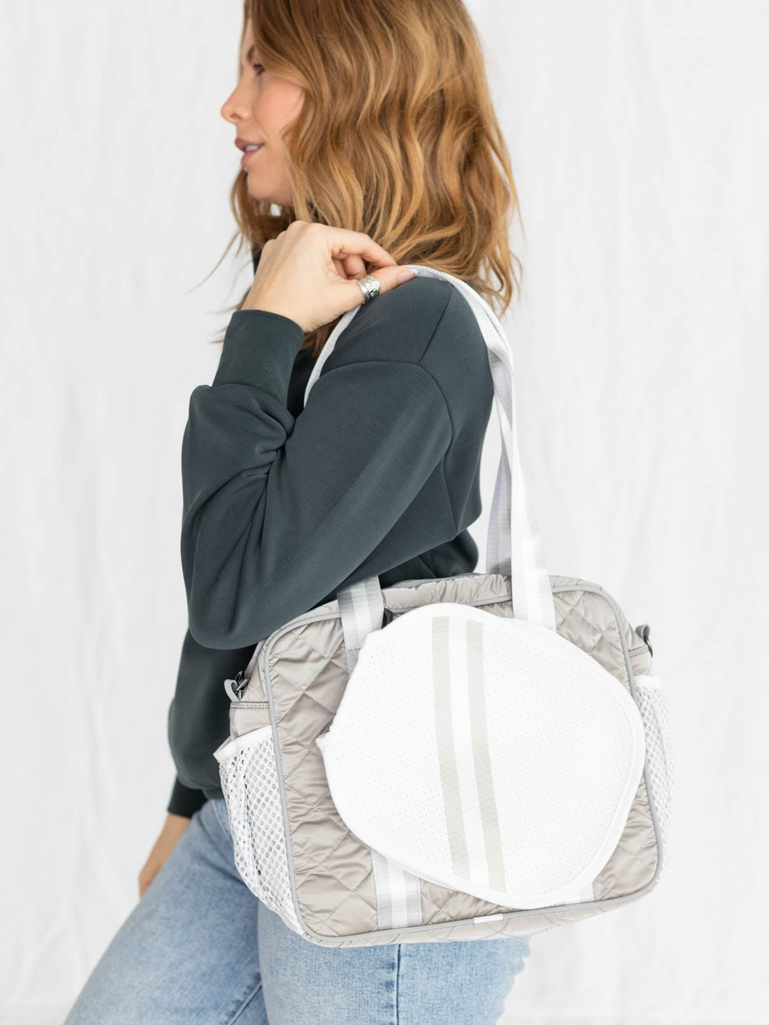 greige quilted pickleball bag