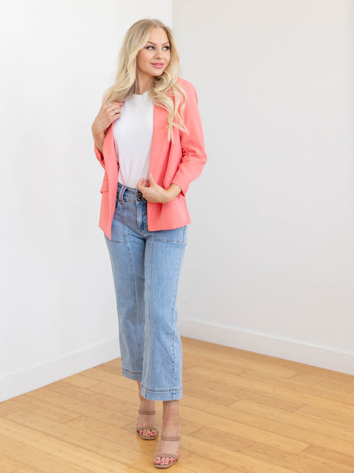 coral colored shirred blazer