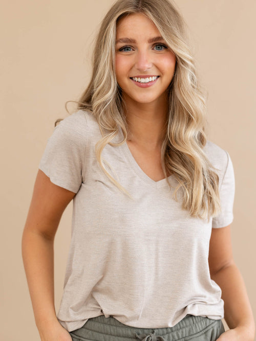 heathered tan soft v-neck tee