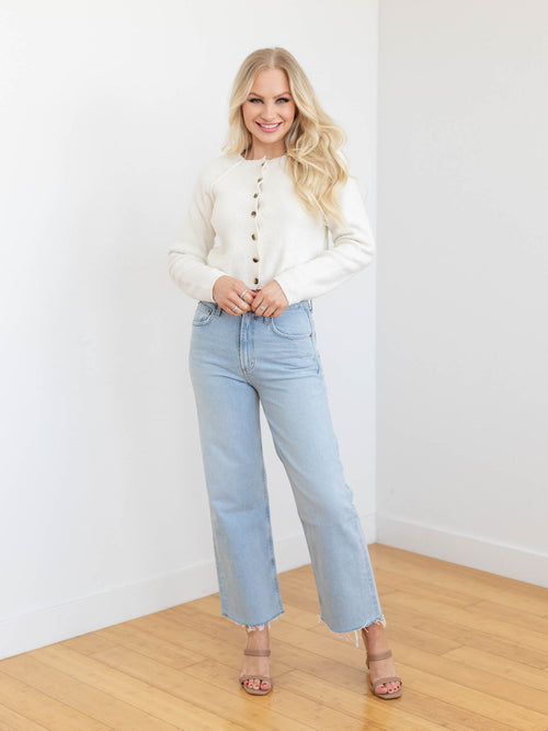 light wash high rise wide leg denim