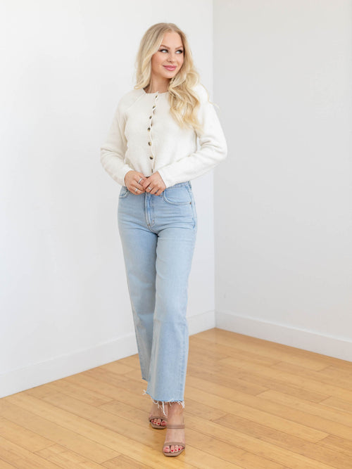 light wash high rise wide leg denim