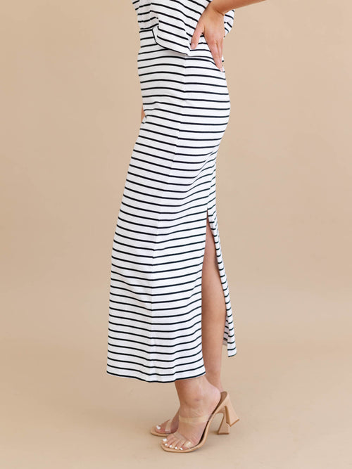 black and white stripe fitted midi skirt