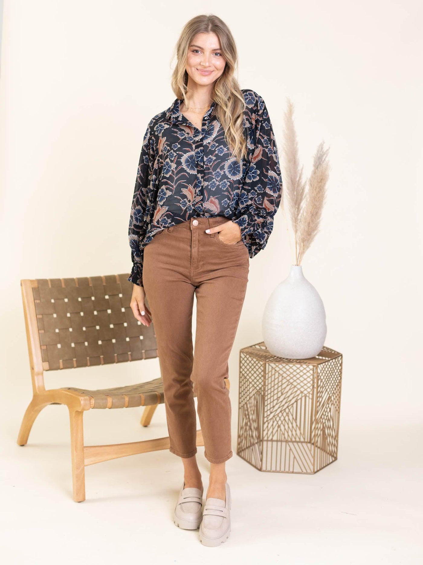 printed button blouse