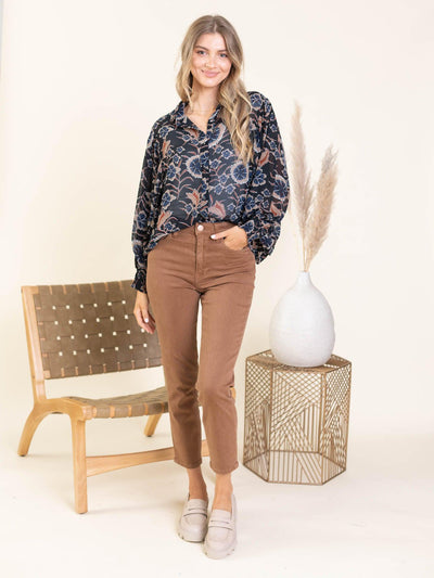 printed button blouse