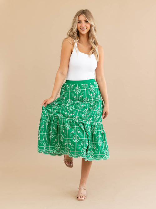 green and white embroidered floral midi skirt