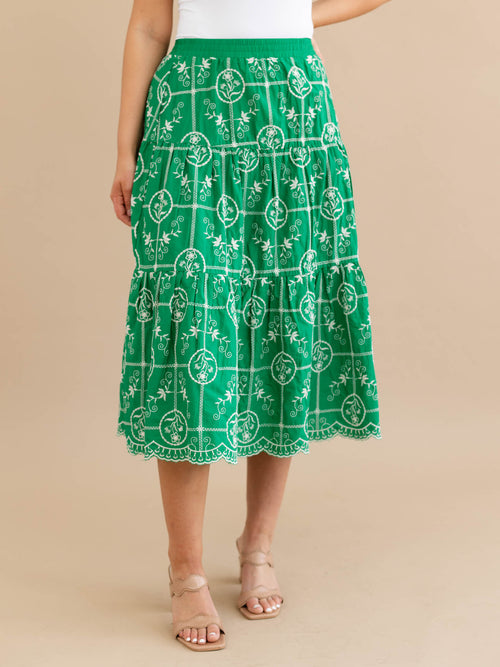 green and white embroidered floral midi skirt