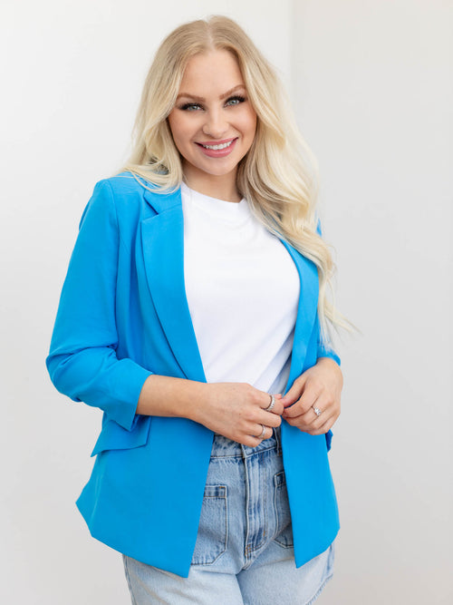 blue ruched sleeve blazer