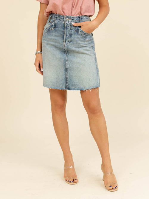 light wash denim longer mini skirt