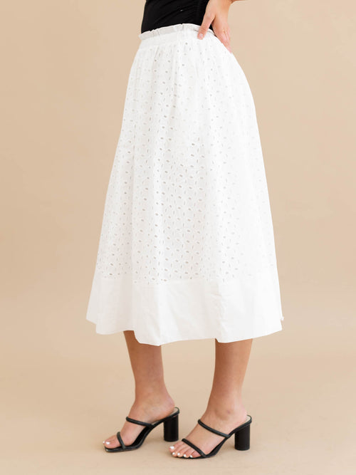 white gathered waist eyelet midi skirt
