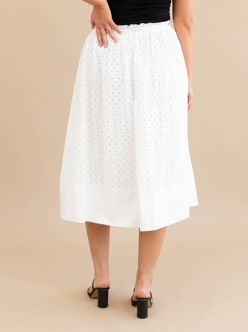 white gathered waist eyelet midi skirt