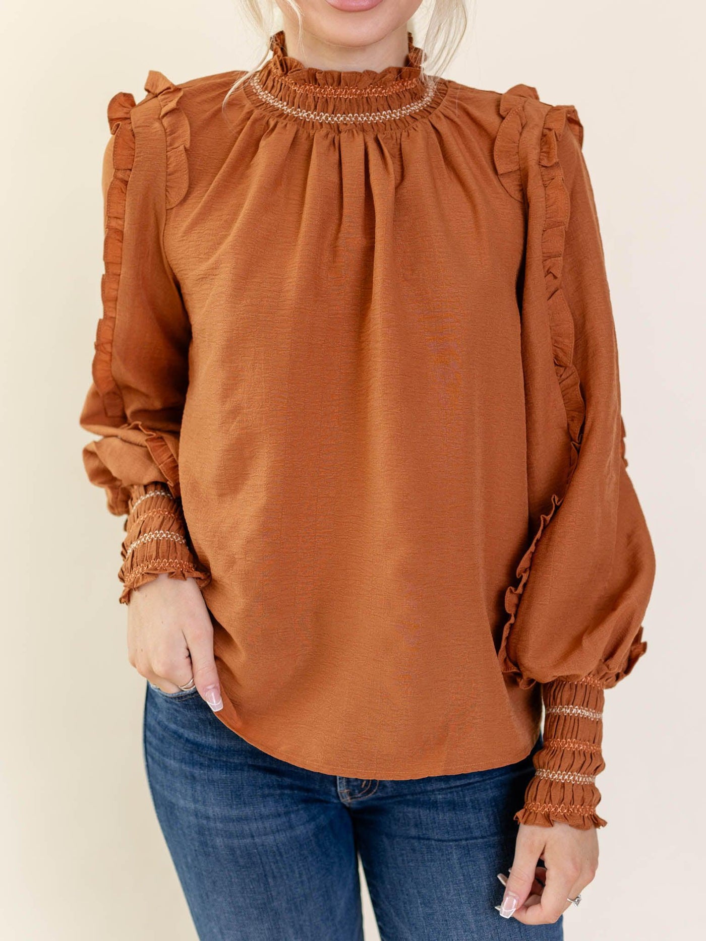 Mock Neck Blouson Sleeve Frilly Trim Blouse