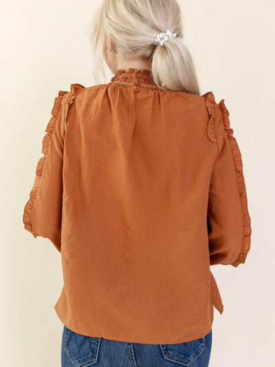 Mock Neck Blouson Sleeve Frilly Trim Blouse