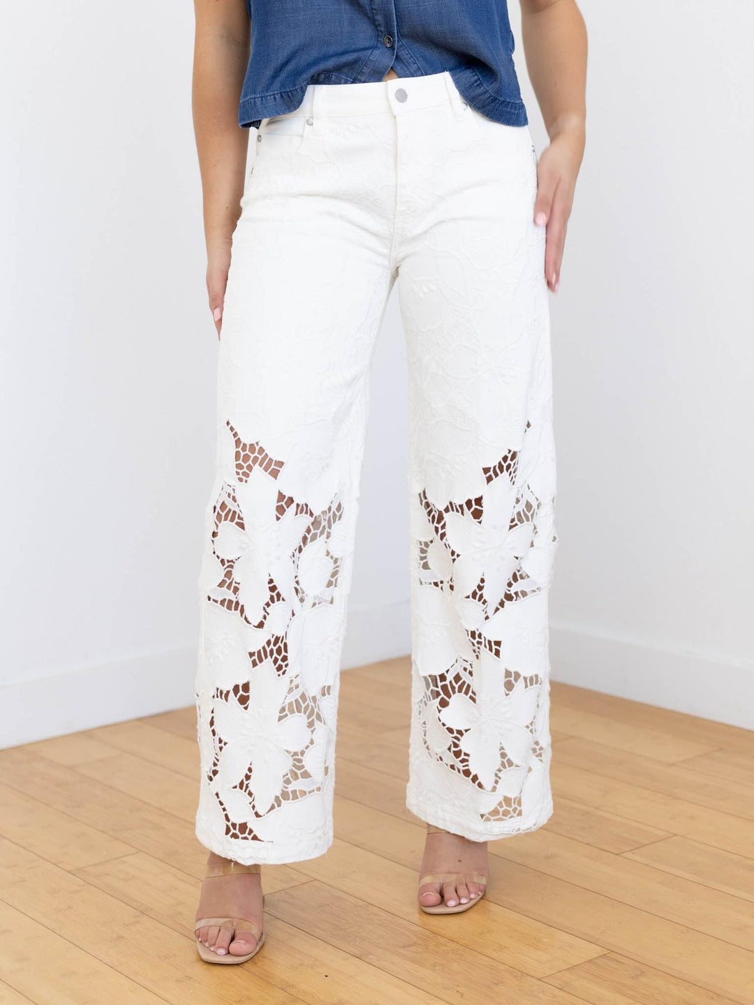 lace floral white denim jeans