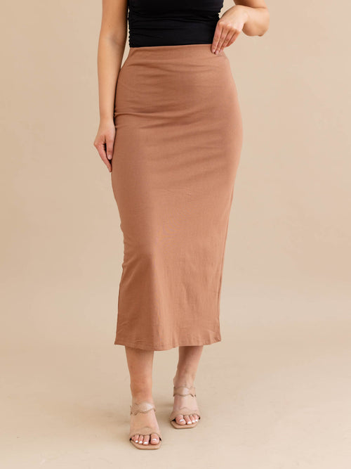 tan midi length fitted skirt