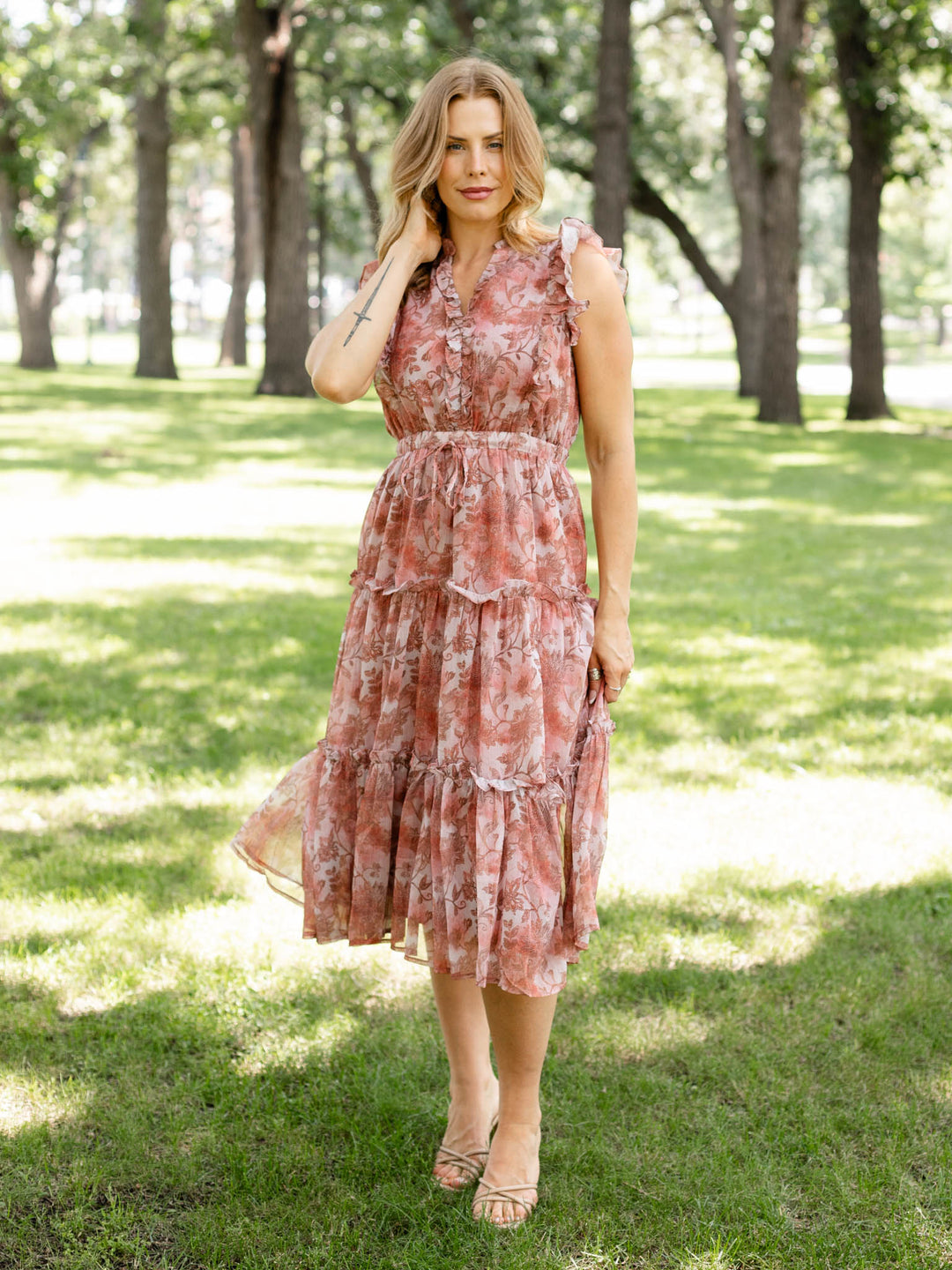 PINCH Floral Tiered Midi Dress - L / Rust / 6282D PINCH Floral Tiered Midi Dress - L / Rust / 6282D